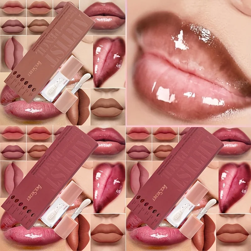 Set di 7 matite per labbra + olio per labbra combinato labbra opaco impermeabile sia per labbra e occhi olio per labbra con set di matite per labbra marroni