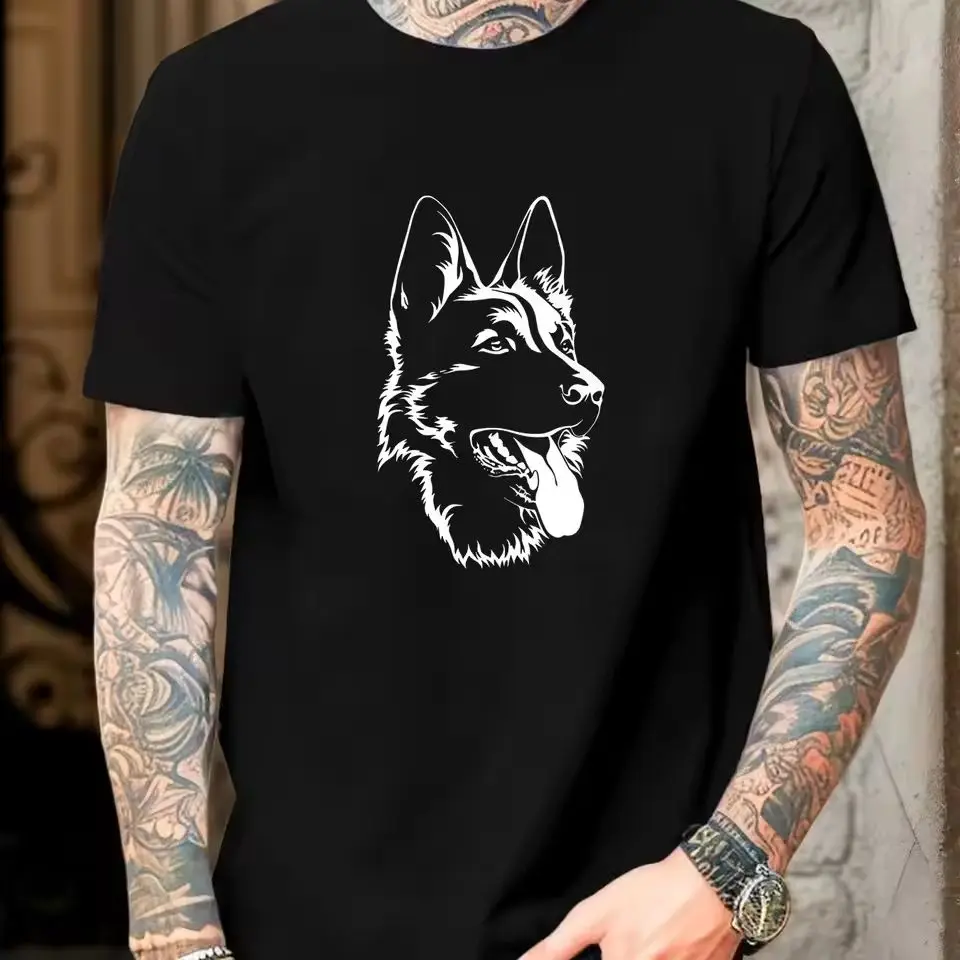 Men German Shepherd Graphic Cotton T-Shirt - Casual Crew Neck Short Sleeve Summer Tee with Dog Print Men Clothing