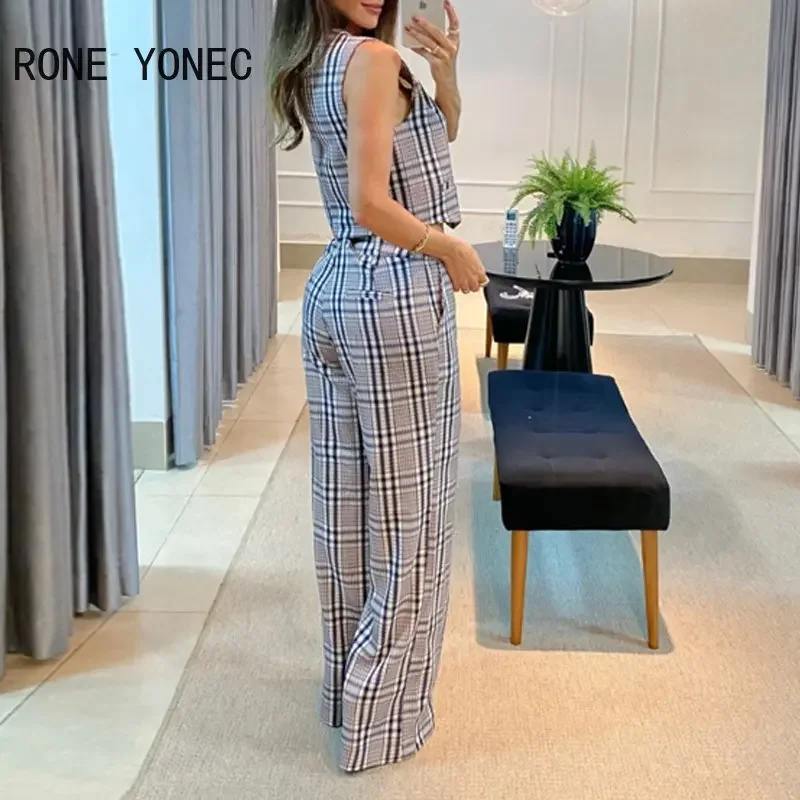 2023 Women Plaid Pattern Sleeveless Vest Button Lace Up Fake Pocket Working Blazer Vest & Pants Women Set