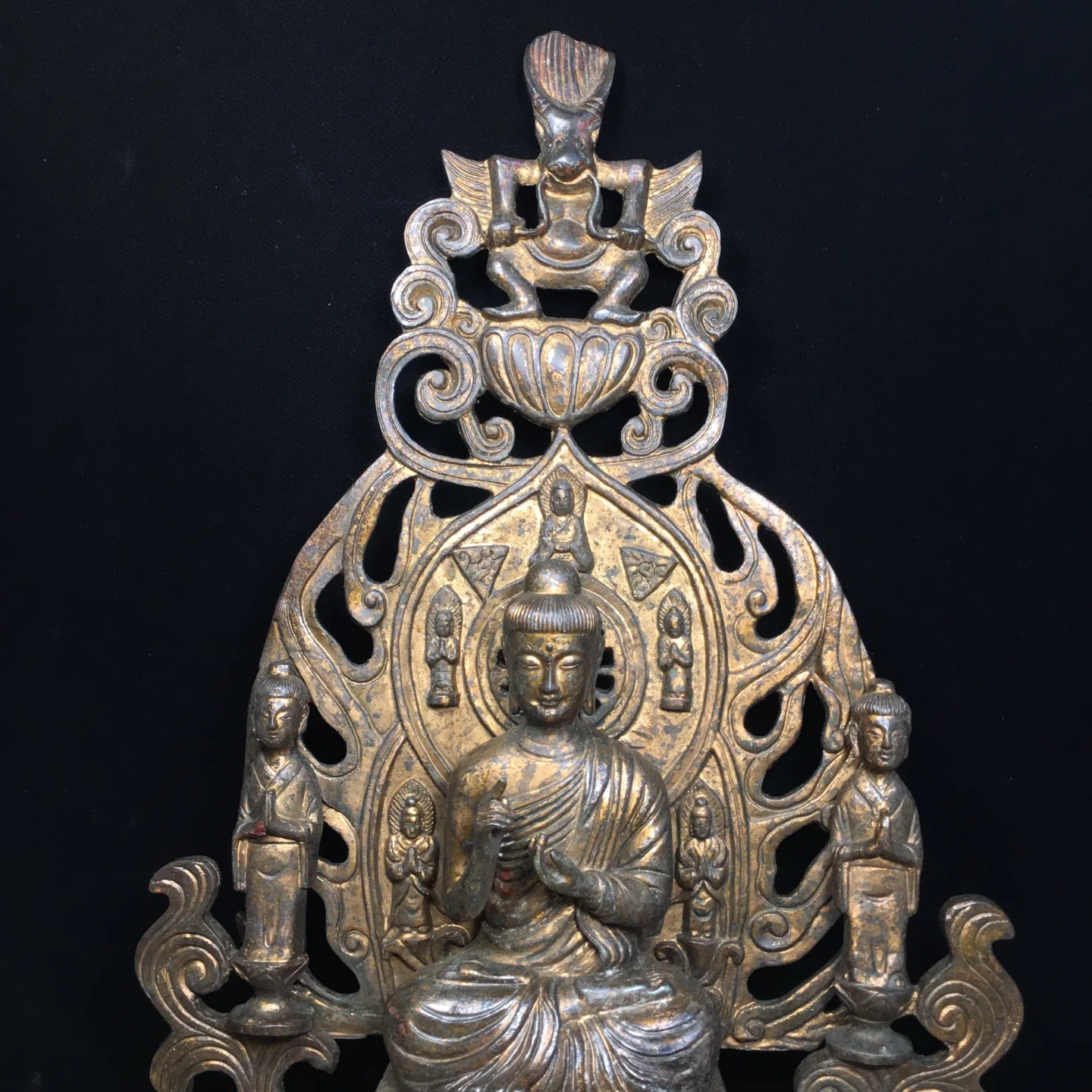 Old Bronze Cinnabar Northern Wei Buddha Shakyamuni Left and right protectors Buddha Terrace Sitting Buddha Worship Hall