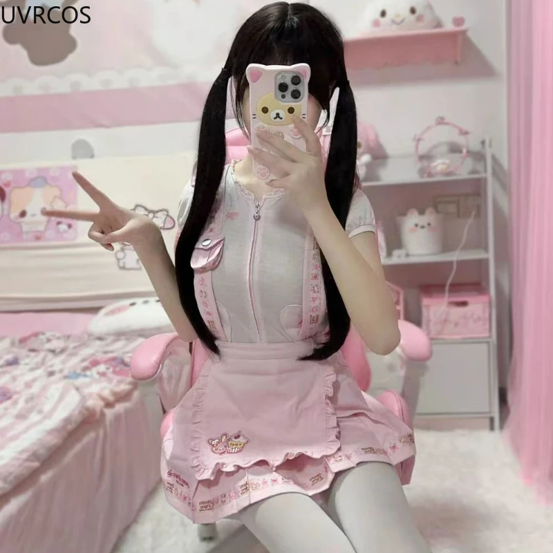

Pink Japanese Lolita Style Strap Dress Women Kawaii Cartoon Embroidery Party Mini Dresses Female Korean Fashion Princess Dresses