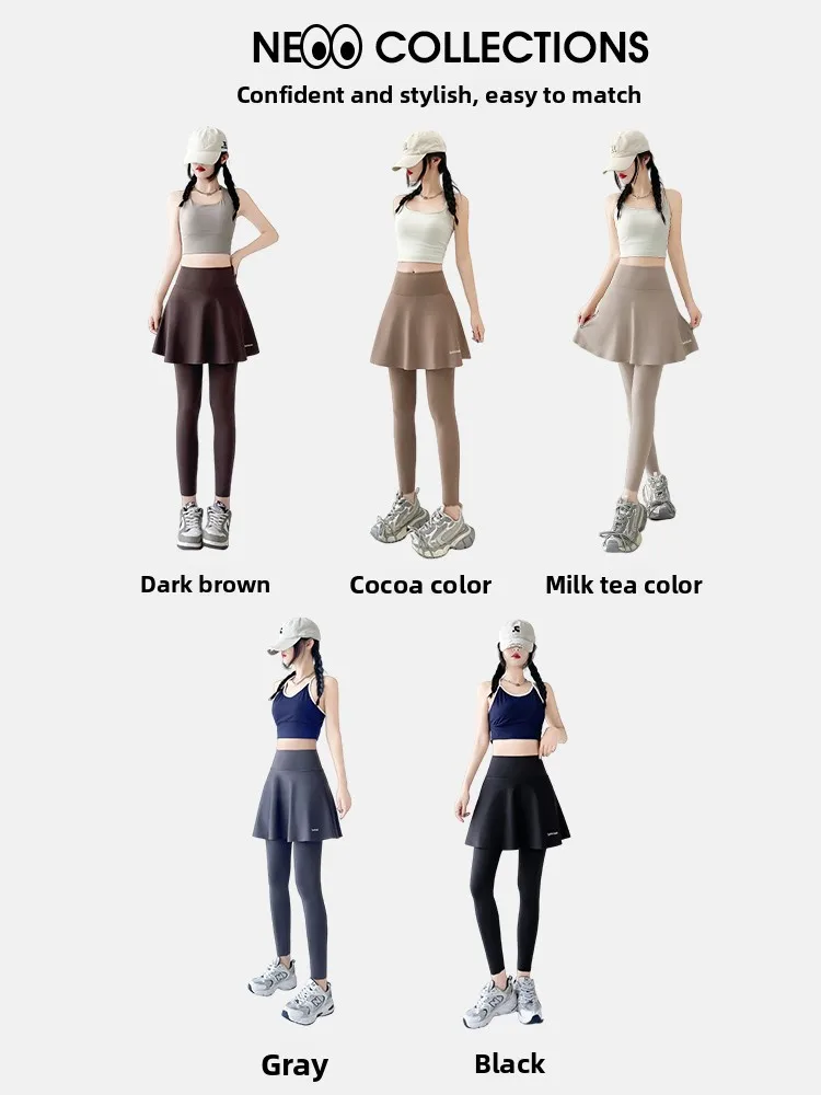 High Waist Fitn arkskin Pants Skirt Two-Piece Sportswear Nine Points ey Base Layer Pants with Skirt Confident Women