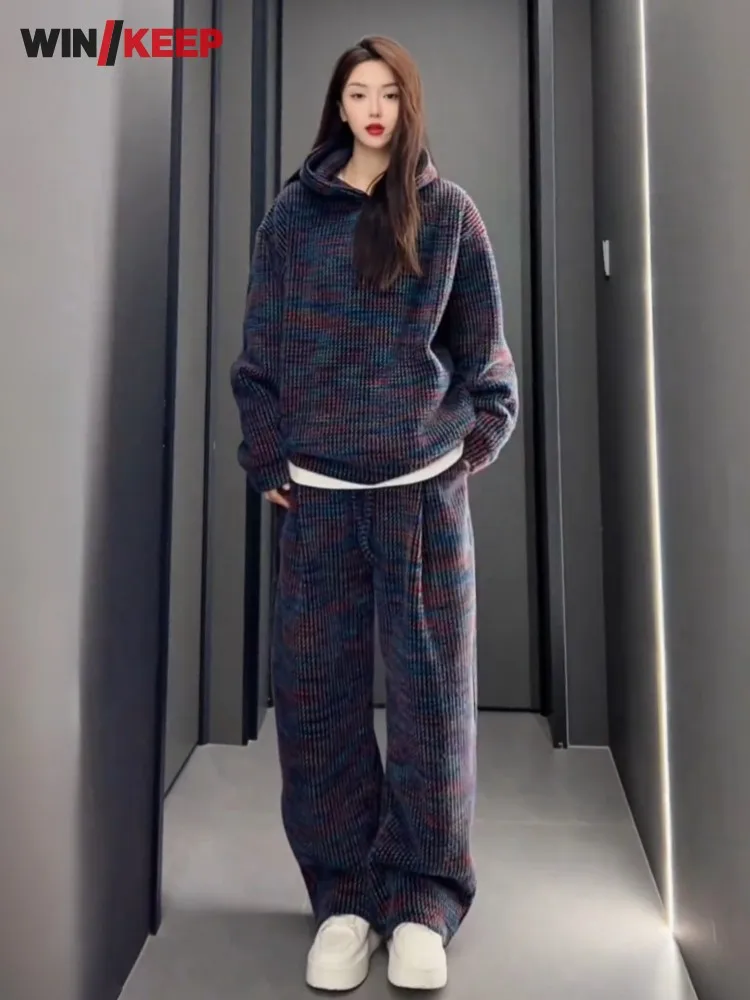 Fashion Women Winter Hooded Fleece Lining Thicken Warm Tracksuit Pullover Sweatshirt Straight Pants Running Sports Two Piece Set