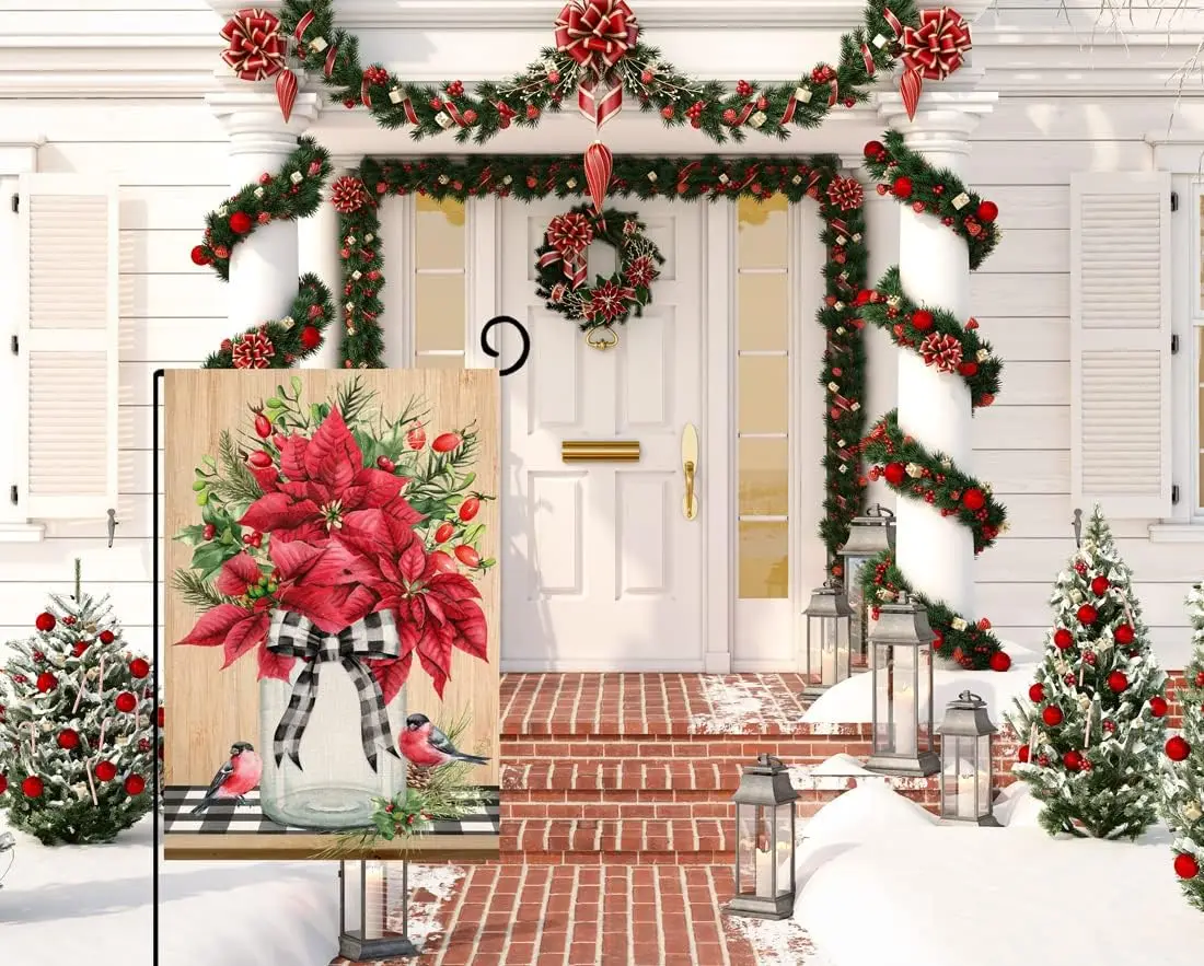Christmas Poinsettia Vase Garden Flag 12x18 Vertical Double Sided Farmhouse Floral Winter Holiday Outside Decorations Burlap yyi