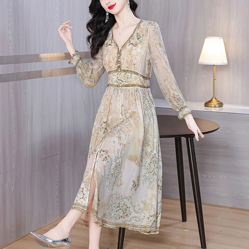 Summer Luxury Silk Floral Beach Midi Dress Women's Vintage Elegant Evening Prom Spring Holiday Boho Hepburn Vessios XQ327
