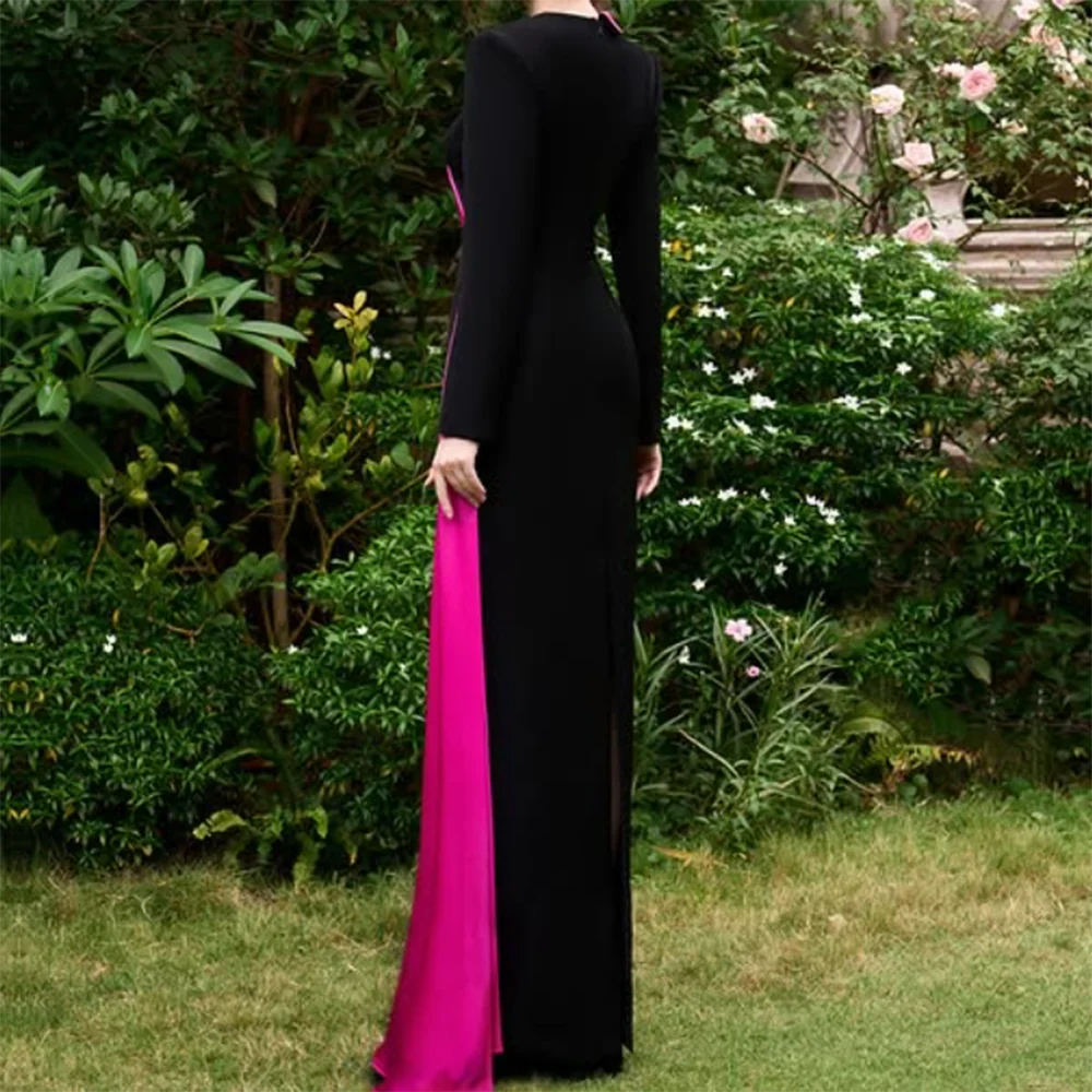 Customized Black Straight Prom Dresses Ankle-Length O-Neck Full Sleeve Evening Gown Simple Fashion Draped Casual Party Gown