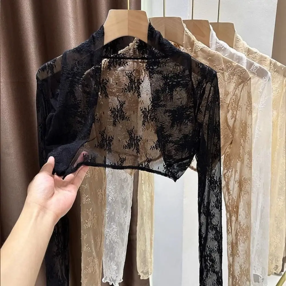 

Stylish Lace+Spandex Sun Protection Cardigan Solid Color Sunscreen Lace Cardigan Long Sleeve Sun-protective Shawl