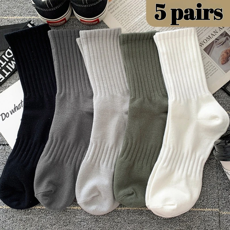 1-5 Pairs Men's Mid-Calf Solid Color Socks, Anti-Odor,  Breathable Sweat-Absorbent, Versatile Sports Socks for Couples
