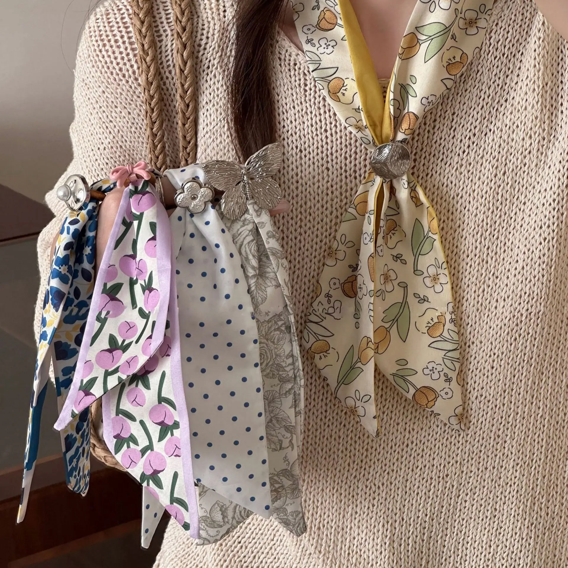 Colorful Tulip Floral Printed Silk Scarves for Women Girls Elegant Summer Polka Dot Long Scarf Traveling Decoration Accessories
