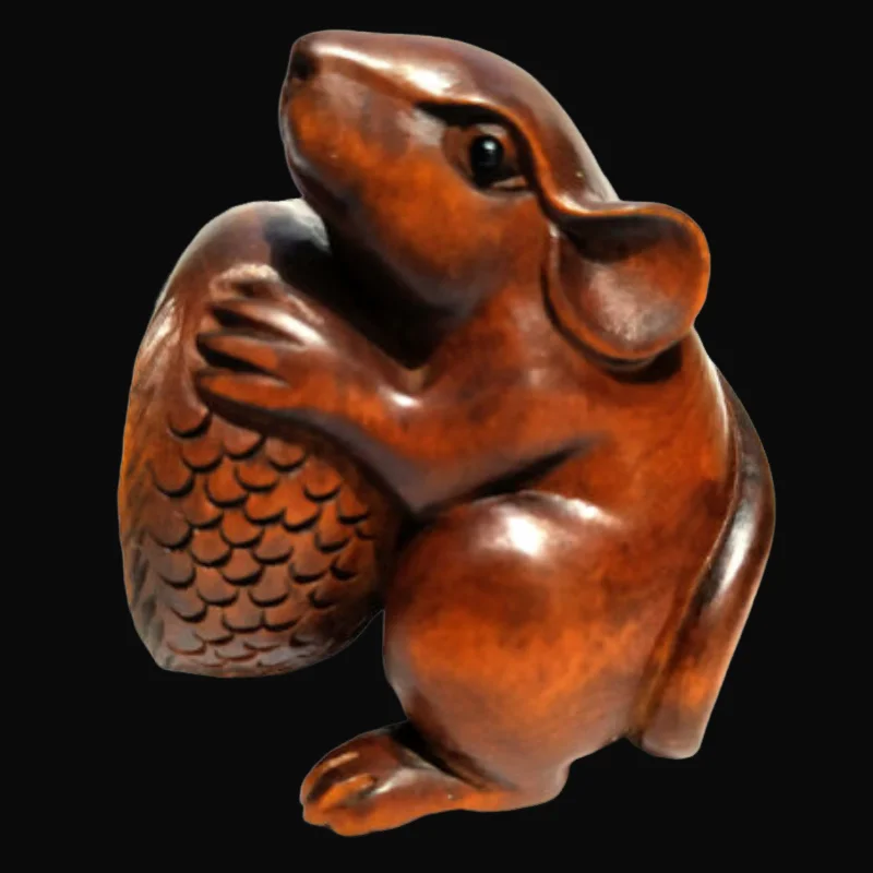 Vintage Boxwood Hand-Carved Mouse With Fish Figurine Chinese Zodiac Netsuke Desktop Collectible Ornament