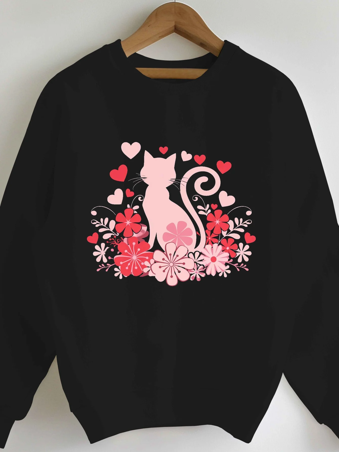 Women's Plus Size Black Sweatshirt with Valentine's Day Cat and Flowers Design - Cozy Polyester, Round Neck, Machine Washable