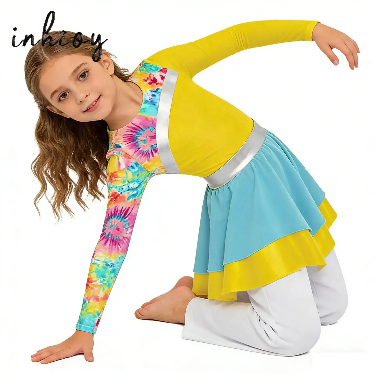 キッズガールズプリントバレエリリカルダンスウェア長袖礼拝合唱団パフォーマンス衣装典礼賛美ドレス-ワイドレッグパンツ