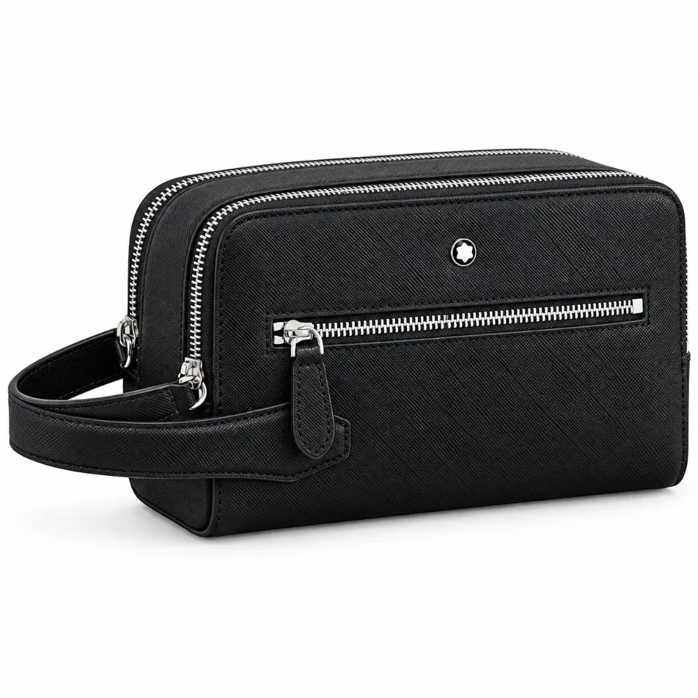 Men's Wash Bag Business Travel Toiletry Organizer Genuine Leather Dopp Kit Black Zipper Grooming Pouch with Handle for Men