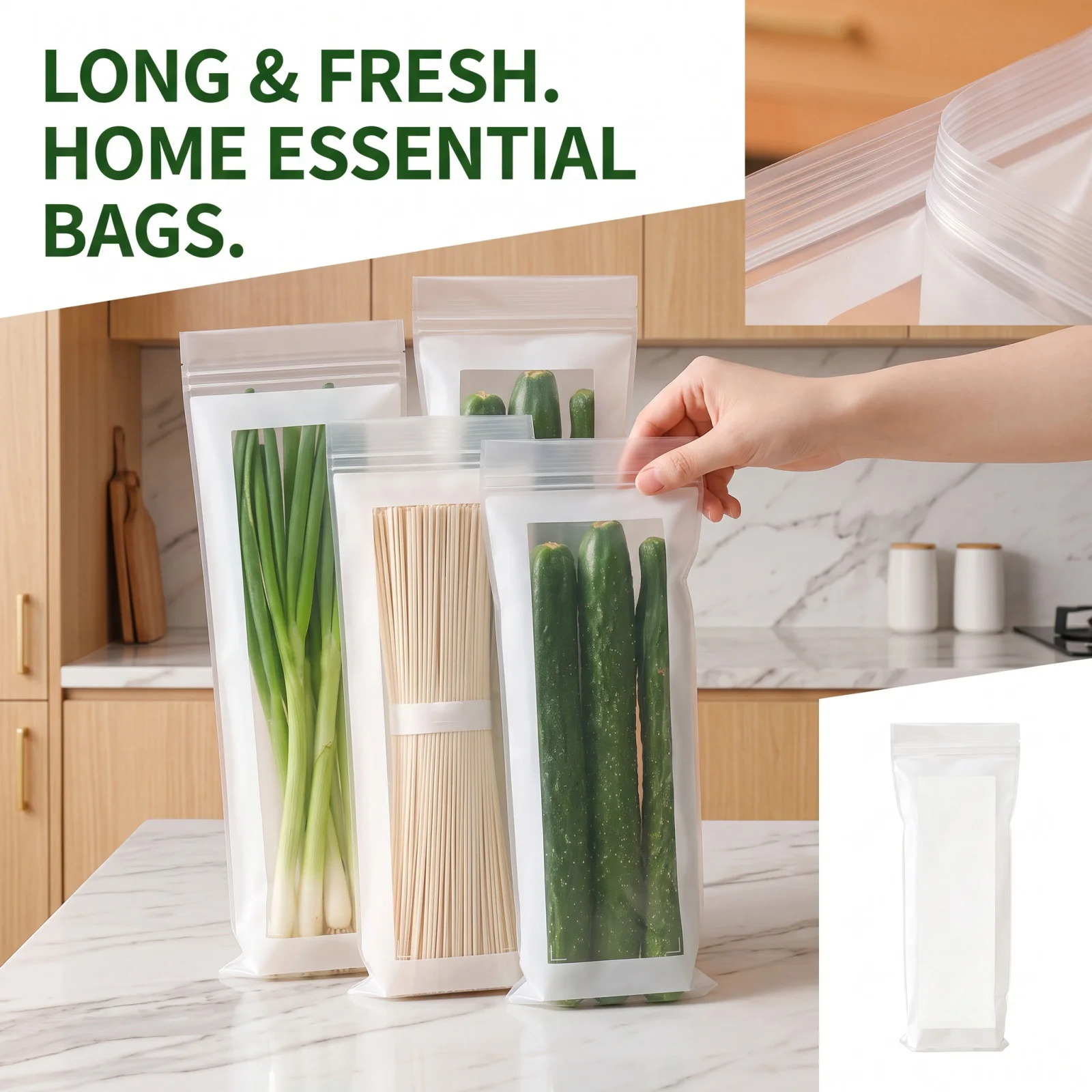 Food Storage Bags and Food Grade, Long Bags for Kitchen, Freezer and Refrigerator, Portioning and Organization, 15 Count