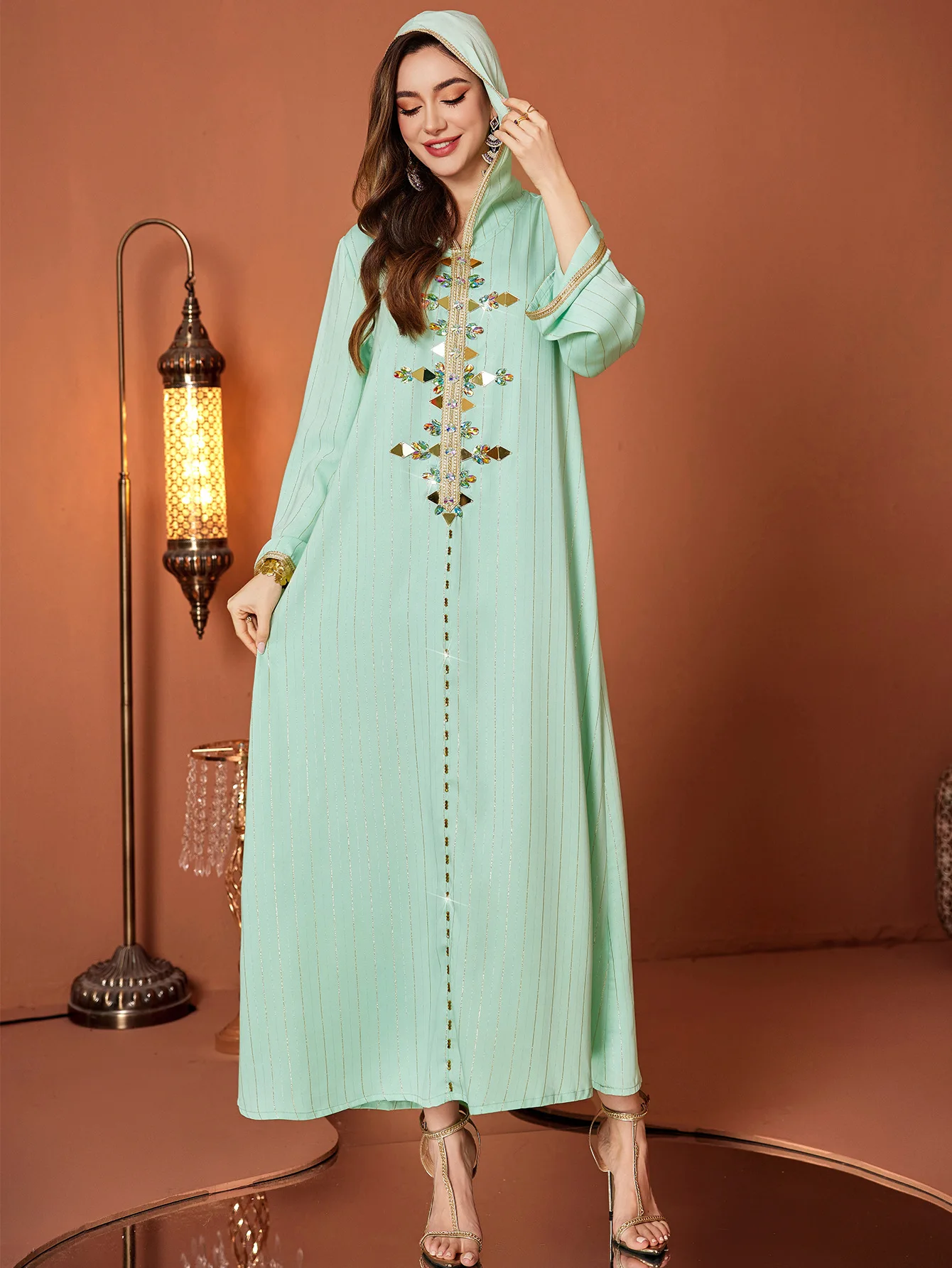 

Eid Muslim Dress Women Abaya Beading Diamond Hooded Long Dresses Vestidos Largos Party Caftan Jalabiya Ramadan Long Robe 2025