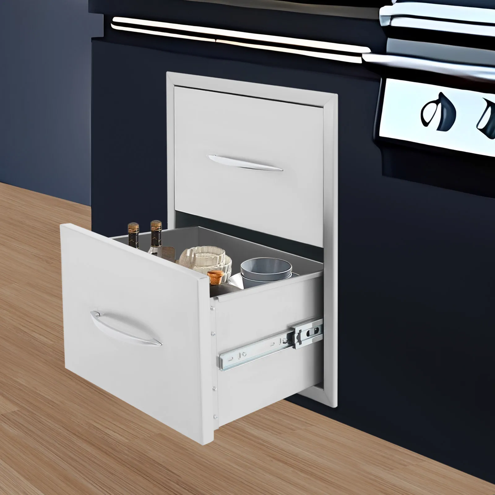 Stainless Steel Outdoor Kitchen Drawer 2-Layer Embedded Kitchen Utensil Storage Drawer for Hotel/Outdoor Kitchen/Cabinet​