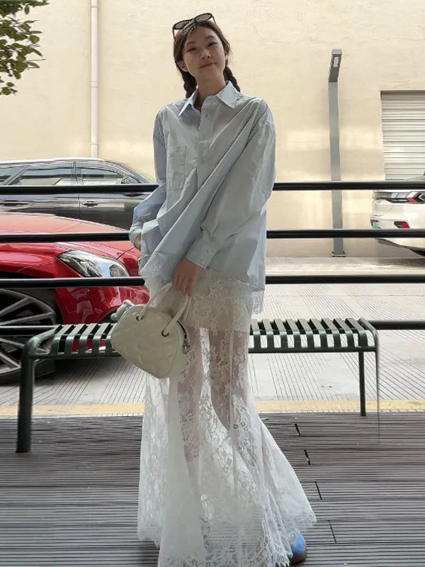 

Trendy Lace Half-length Skirt And Shirt Set Comfortable Loose Style Two-piece Suit for Women Korean Style Fashion Set