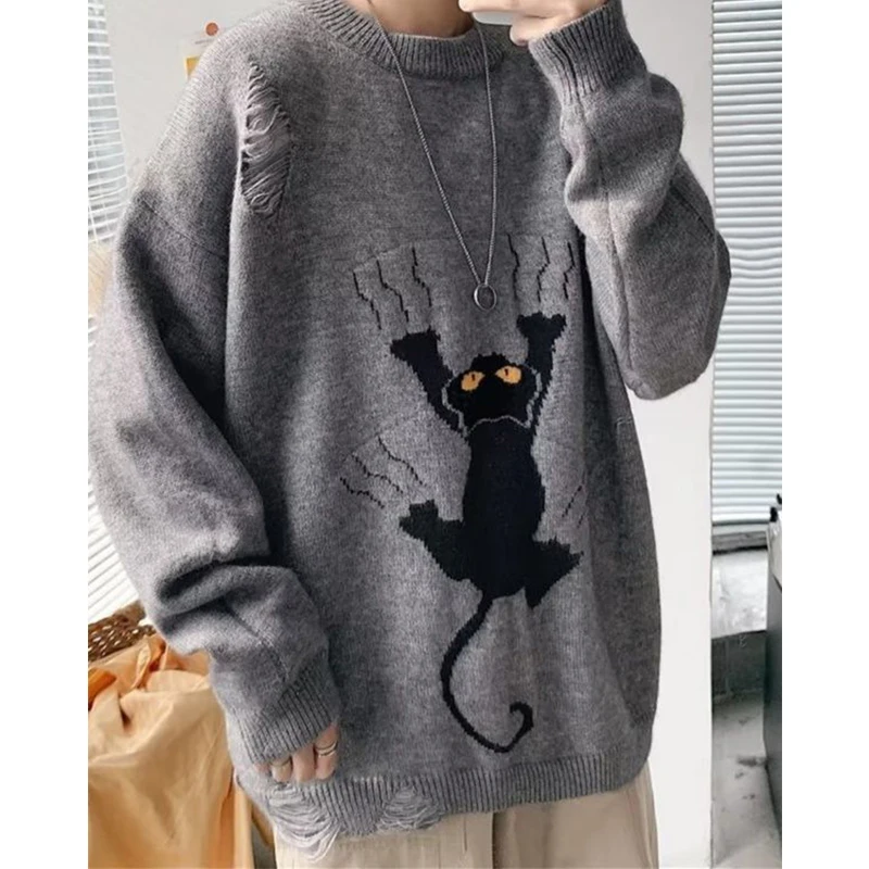 American Retro Cartoon Cat Design Hole Sweaters Oversized Pullovers Men Unisex Fashion Winter Knitted Jumper Tops Kawaii Clothes