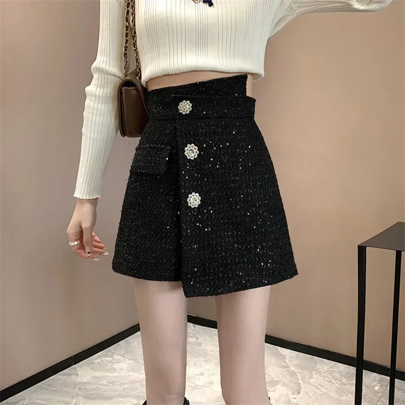 Mini Slim solide Vintage femmes pantalon irrégulier taille haute Tweed bouton court décontracté femmes a-ligne bureau Shorts