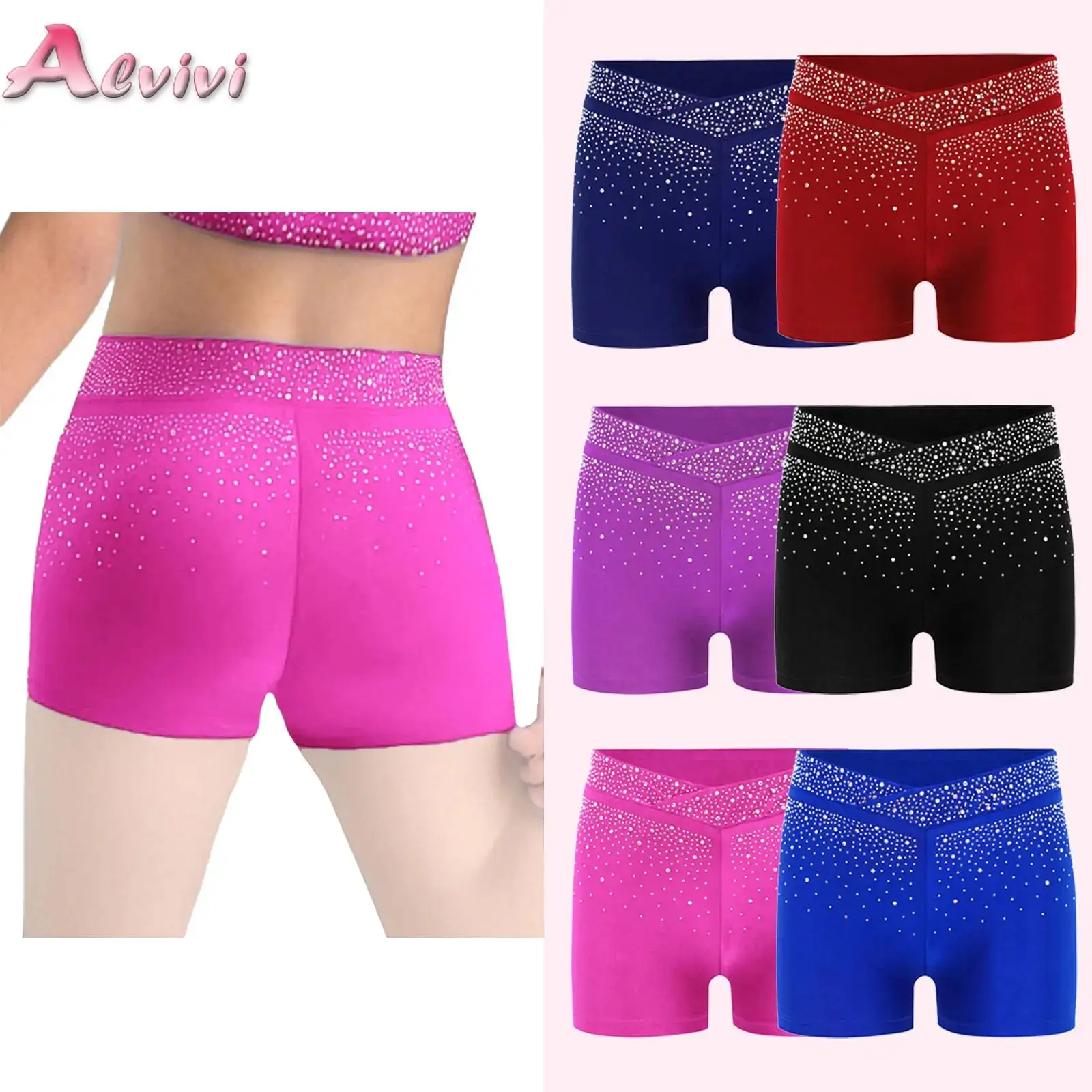 

Kid Girl Dance Shorts Rhinestones Figure Skating Gymnastics Modern Dance Shorts V-Front Elastic Waistband Jazz Hip-hop Dancewear
