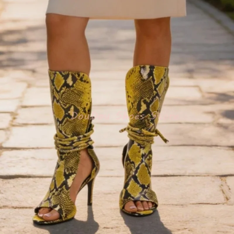 

Yellow Snake Print Lace Up Hollow Sandals Boots Women Open Toe Cross Strap Mid Calf Boots Retro Hot Chick Summer Shoes New Style