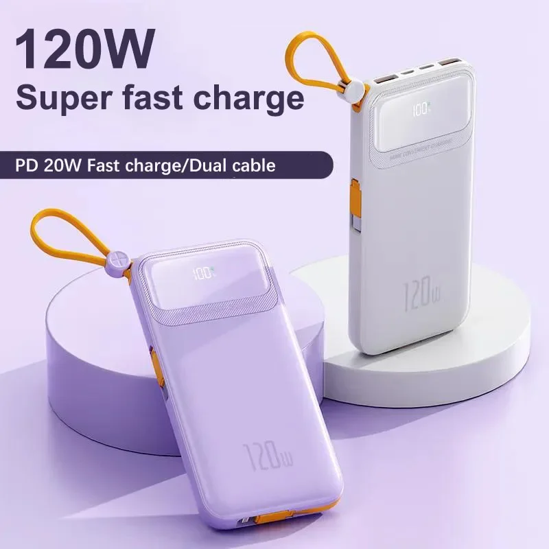 120W 20000mAh Super Fast Charge Power Bank Charger with Data Cable Large Capacity Mobile Battery for IPhone Samsung Xiaomi