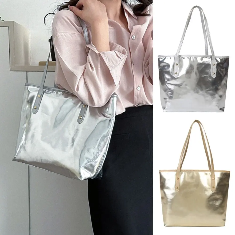 Women PU Leather Shoulder Bag Large Capacity Silver Tote Bags Casual Handbags Fashion Girls Travel Handle Bag Shopping Bag