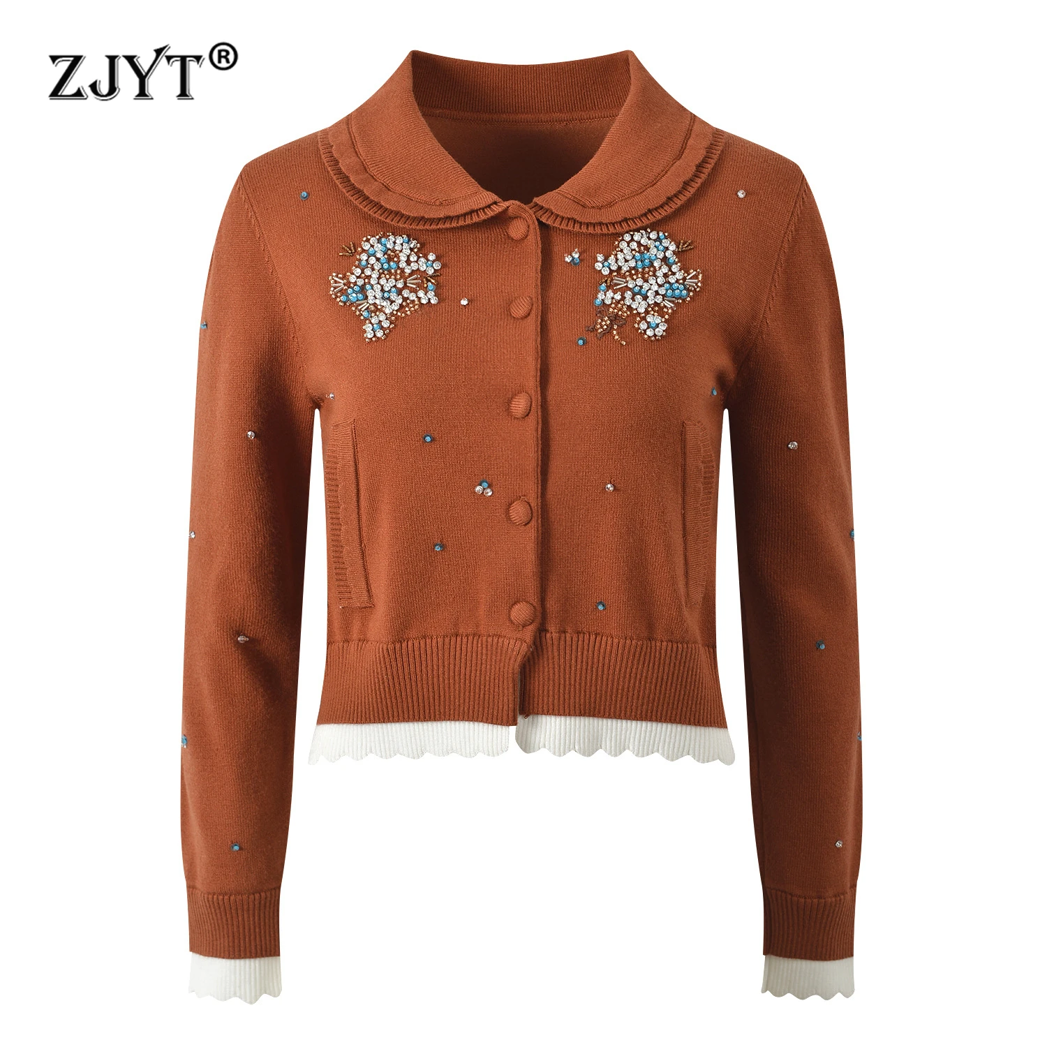 

ZJYT, весна 2026, новые модные вязаные кардиганы с длинными рукавами и бисером, свитера для женщин, повседневные вязаные топы с воротником Питера Пэна