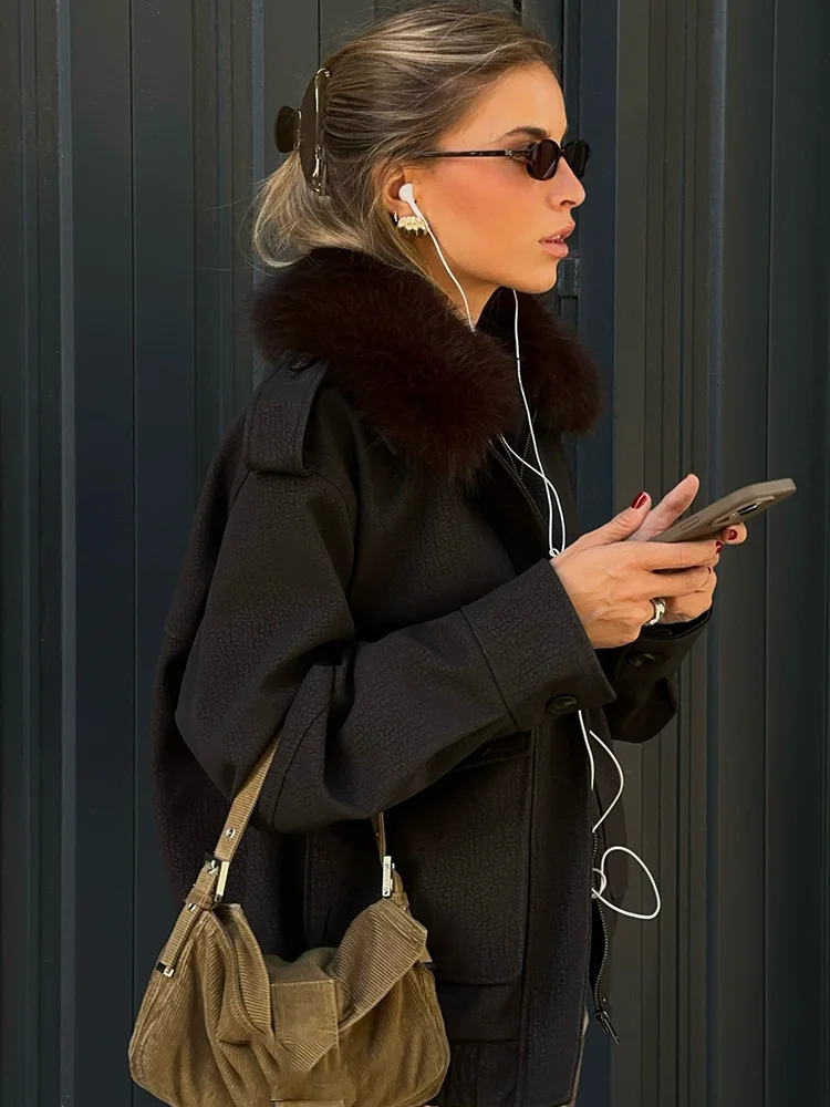 

HH Fashion Woman Faux Fur Removable Lapel Loose Jacket Women Long Sleeve Pocket Zipper Buttons Decoration Casual Winter Coat