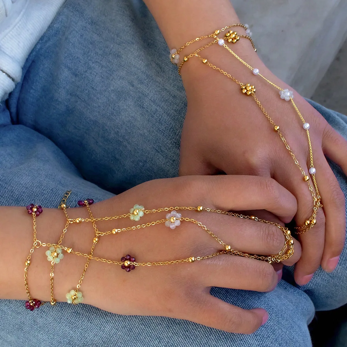 Minimalistischer Kristallblumen-PVD-beschichteter Edelstahlring-Armreif für Damen, zierliche, wasserdichte Blumen-Fingerkette, Partyschmuck – Detail 3