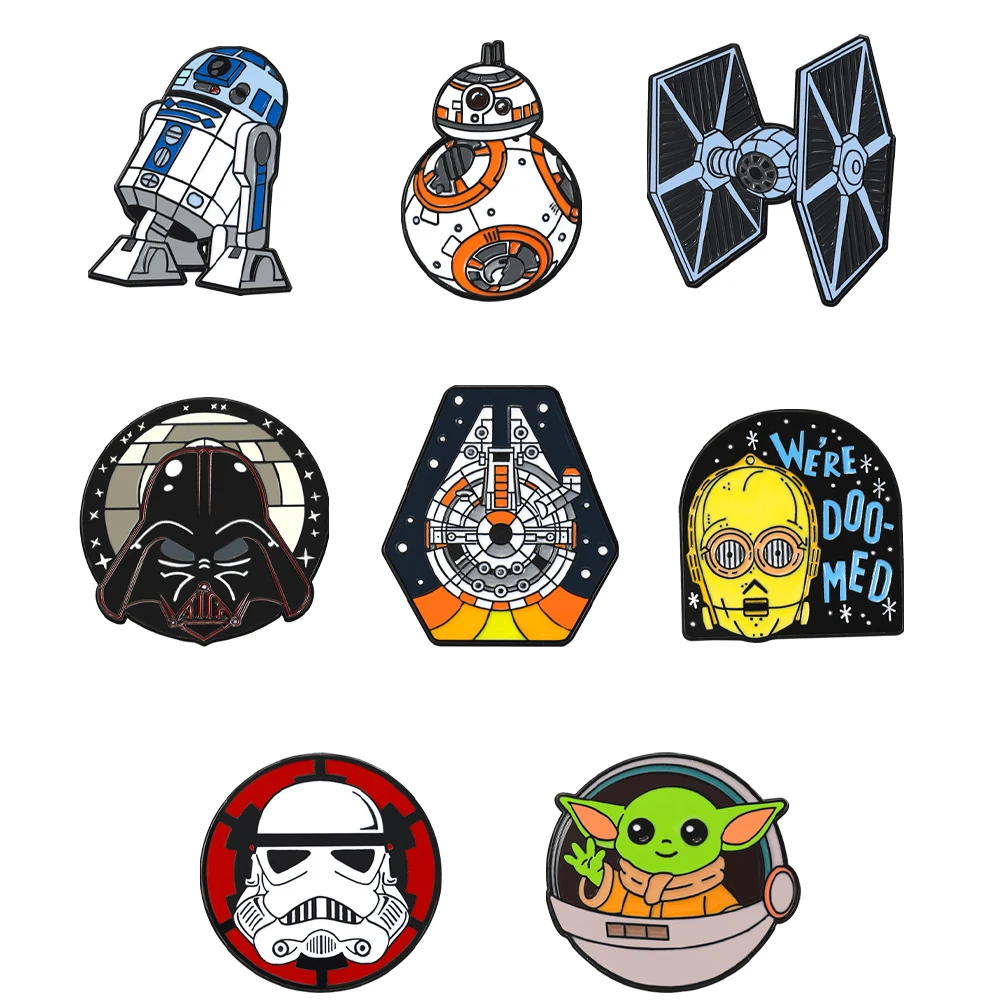 8-teiliges Star Wars Emaille-Broschen-Set R2-D2 BB-8 TIE Fighter Darth Vader Millennium Falcon Stormtrooper Grogu Kleidungsschmuck