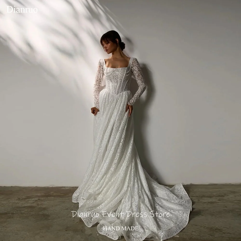Dianruo Lace Square Neck Wedding Dress Elegant Pearls A Line Long платье на выпускной Pleated Dress Party Dresses Customized