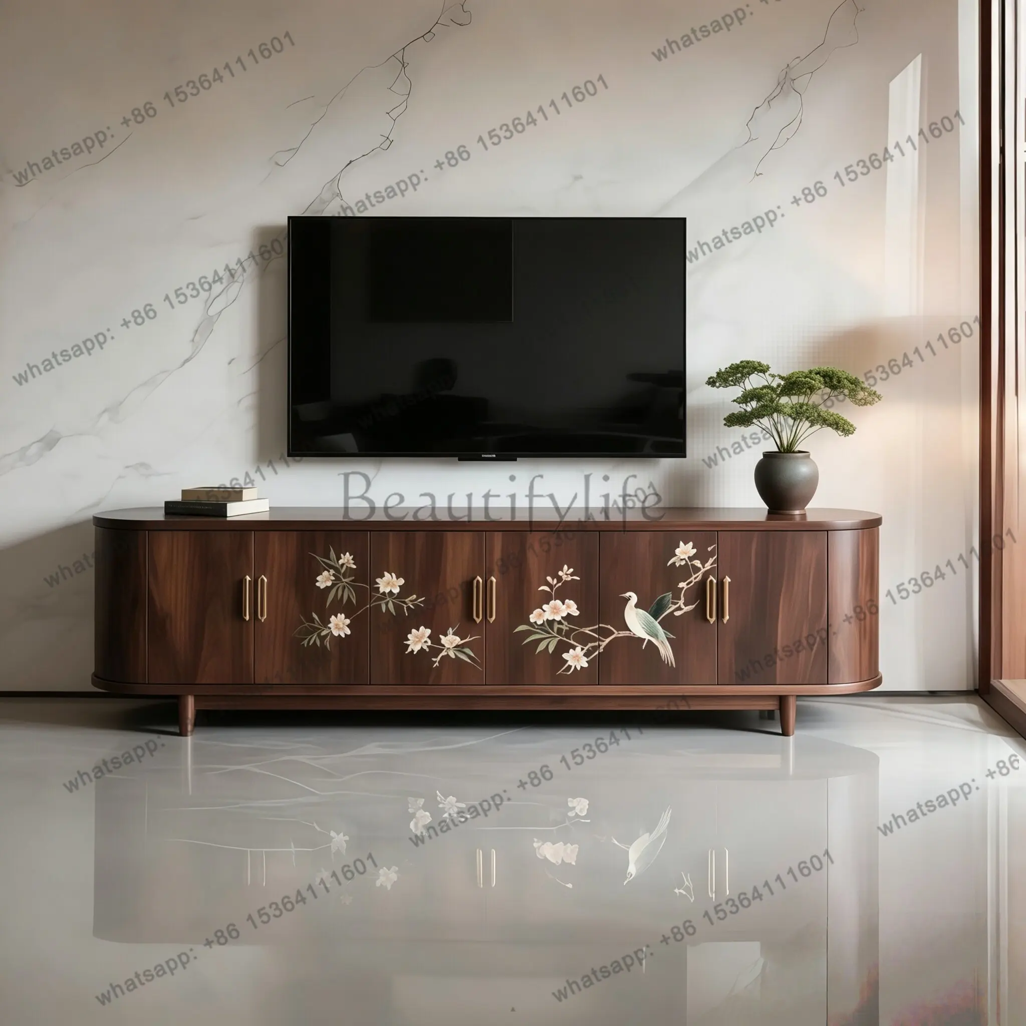 YJ New Chinese Solid Wood TV Cabinet Black Walnut Painted Storage Unit Modern Luxury Living Room Furniture