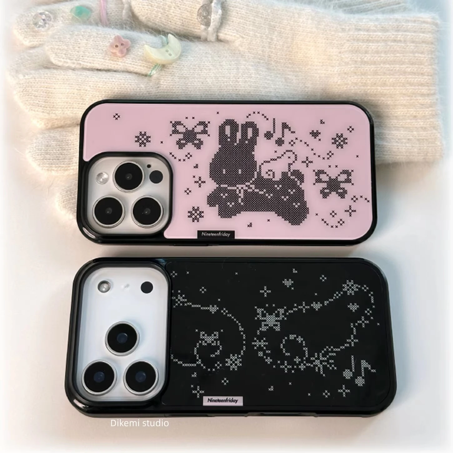Capa de Celular Coreana Rosa Pixel com Asas de Anjo de Coelho Desenho Animado para iPhone 17 16 15 14 13 12 11 Pro Max Plus Capa de Acrílico