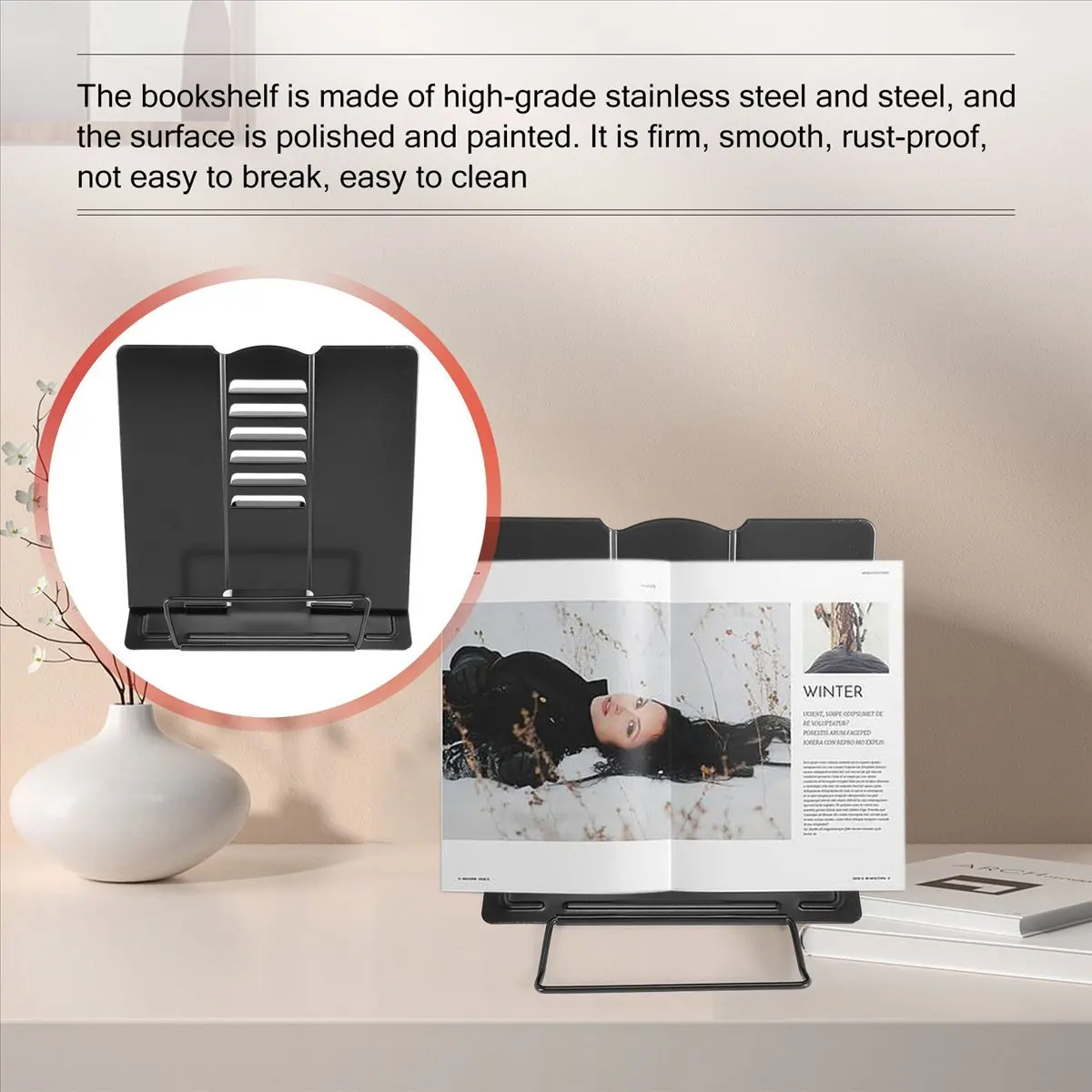 

AT16 Desk Book Stand Metal Reading Rest Book Holder Angle Adjustable Stand Document Holder Portable Sturdy (Black)