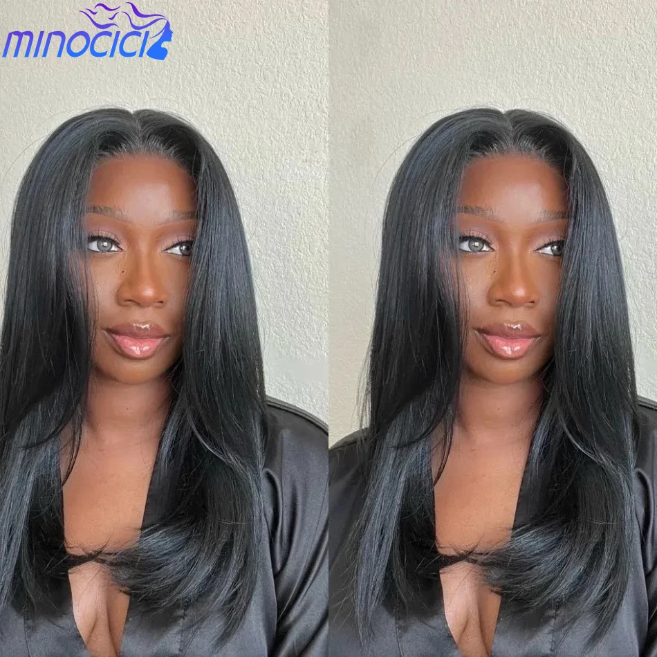 

Гладкие натуральные прямые парики из натуральных волос 13x4 HD, кружевной фронтальный парик, 100% человеческие волосы, плотность 250, черные, предварительно сорванные, бразильские парики