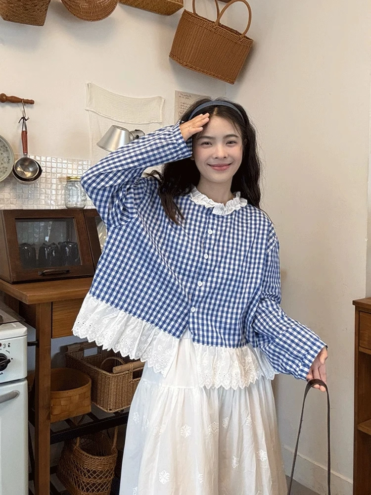 

French Niche Plaid Lace Spliced Blue Ruffled Collar Long-sleeve Shirt For Women's High-waist Embroidered Hollow-out A-line Skirt