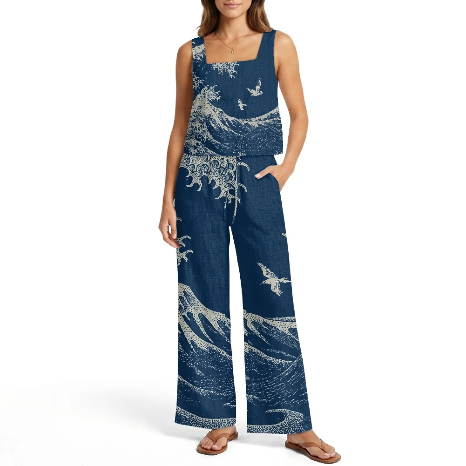 INSTANTARTS Women’s Linen Vest Set Women’s Wide-leg Trousers Lightweight Breathable Soft Comfortable Quick-dry Outfits Waves view 3