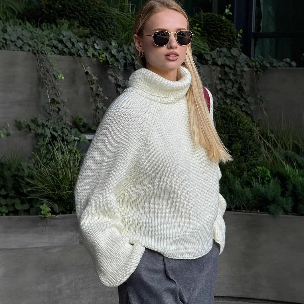 Knitted Thick Fashion Simple Style Soft Sweater Casual Lady Winter Loose Top Women's White High Neck Warm Sweater Pullover