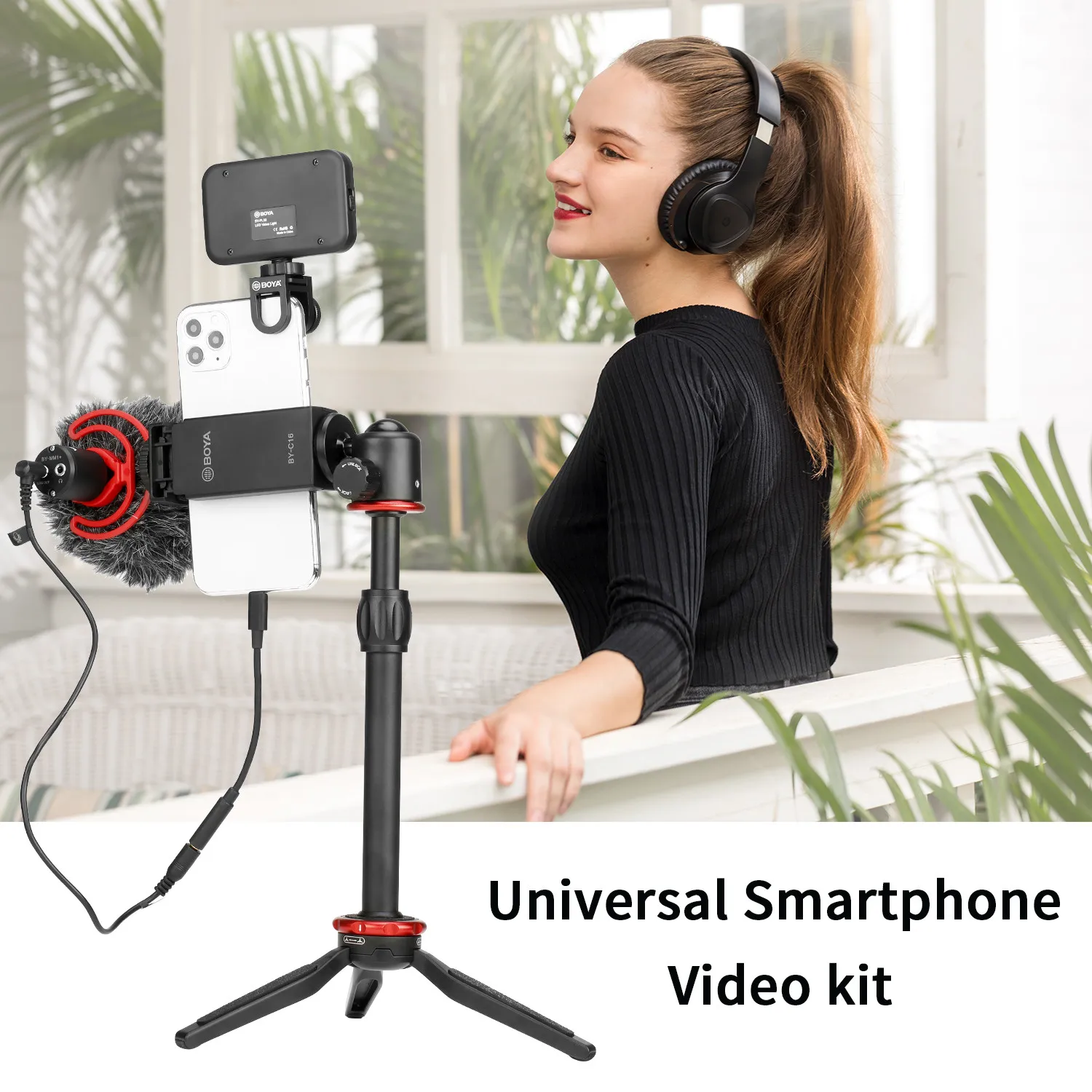 BOYA BY-VG350 Smartphone Video Kit with Mini Tripod Extension Tube LED Light Condenser Microphone for Phone YouTube Vlogging