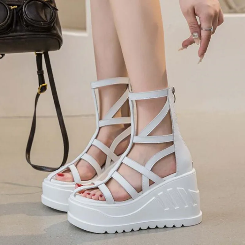 10CM Genuine Leather New Women Summer Weave Mules Shoes Punk Ankle Booties Sandals Platform Wedge Platform Wedge Hollow Zip Shoe