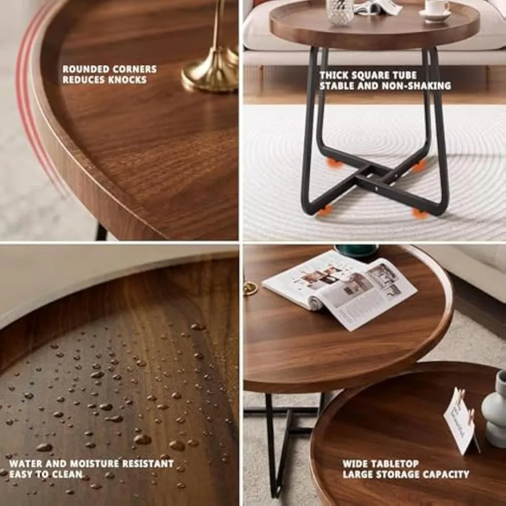 مجموعة طاولات قهوة متداخلة مستديرة من خشب الجوز 28 حديثة في منتصف القرن، تصميم مخدد لغرفة المعيشة أو غرفة النوم أو شرفة المكتب