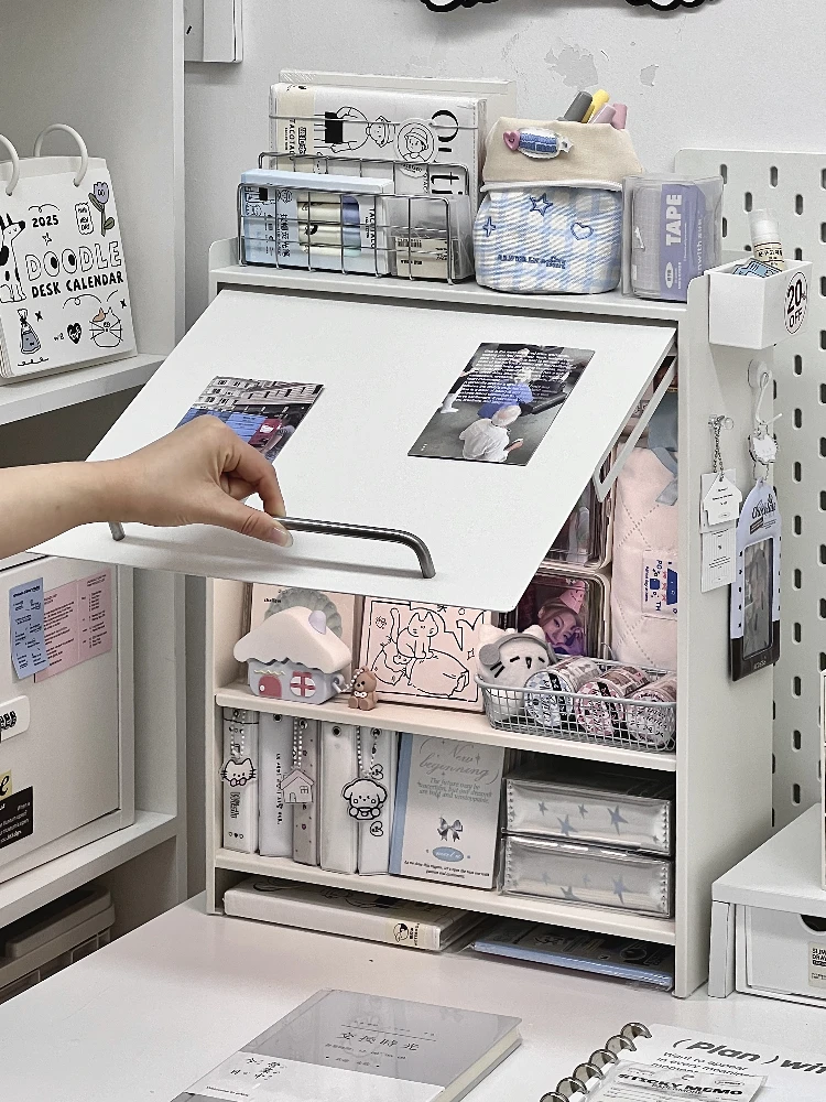 

Большой настольный органайзер с железной крышкой, пылезащитный, для хранения косметики, канцелярии, книг, студенческих принадлежностей