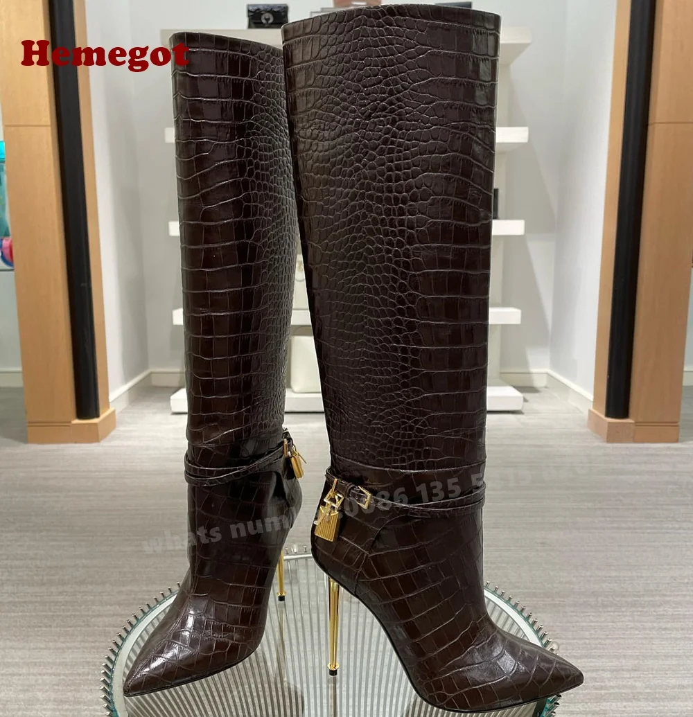 Croc-Pattern Metal Heels Knee High Boots Padlock Pointy Toe Buckle Women's Long Boots Luxury Winter Designer Shoes Plus Size