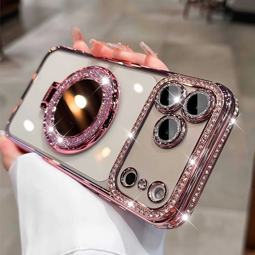 

Luxury Sparkling Diamond Magnetic Mirror Stand Phone Case For iPhone 17 16 15 14 13 12 11 Pro Plus Pro Max Air Bling Phone Cases