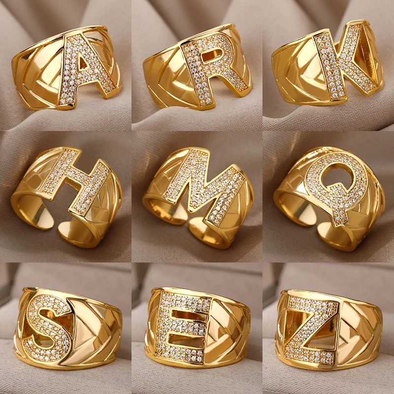 Chunky Wide Zircon Initial Letter Rings For Women Stainless Steel Opening Finger Ring Hip Hop Minimalist Jewelry Gift Femme