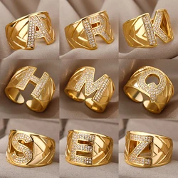 Chunky Wide Zircon Initial Letter Rings For Women Stainless Steel Opening Finger Ring Hip Hop Minimalist Jewelry Gift Femme