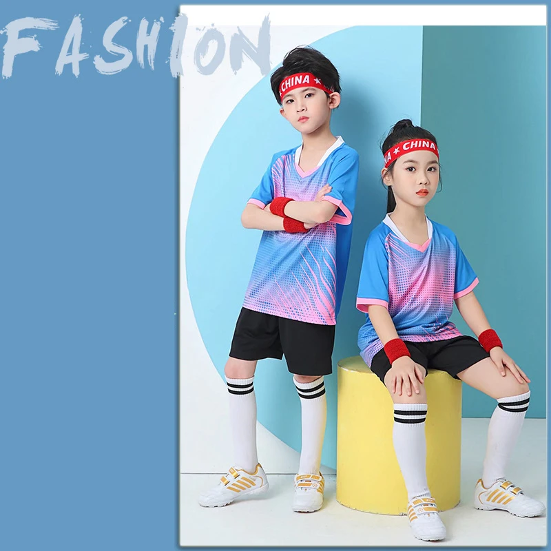 2024 New children's football uniform set printed gradual change color quick drying sports jerseys game training uniforms