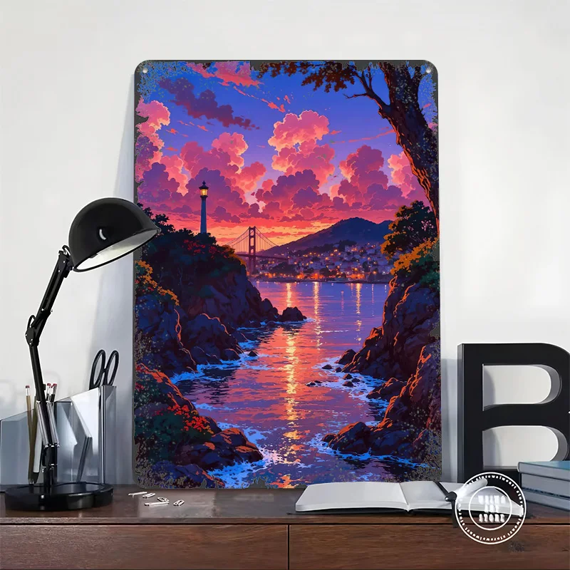 Sunset Over Golden Gate Bridge 3D Printed Texture Poster Personalized Wall Art Retro Metal Tin Signs for Aesthetic Room Decor