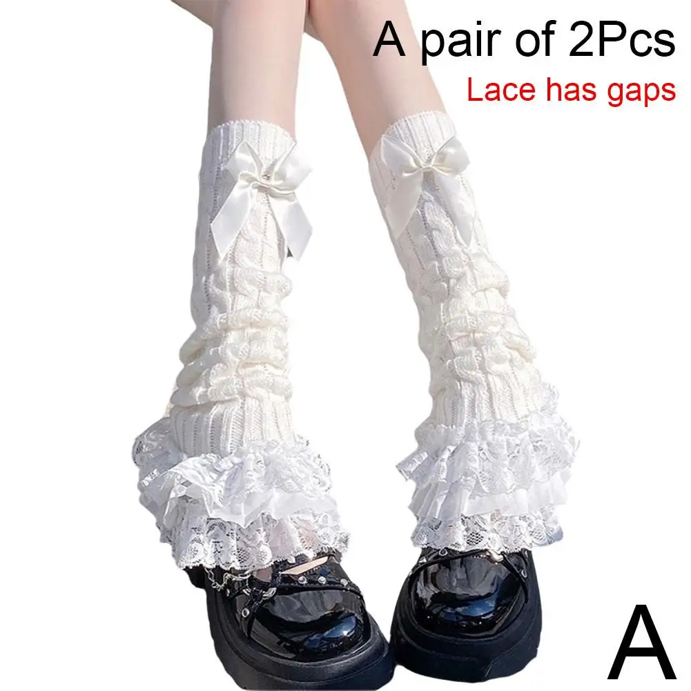Japanische Damen-Strickbeinwärmer mit Schleife, gestufte Rüschensocken, Mädchen-Lolita-Socken, Wadenlange T-förmige Spitzen-Beinwärmer für Damen – Detail 1
